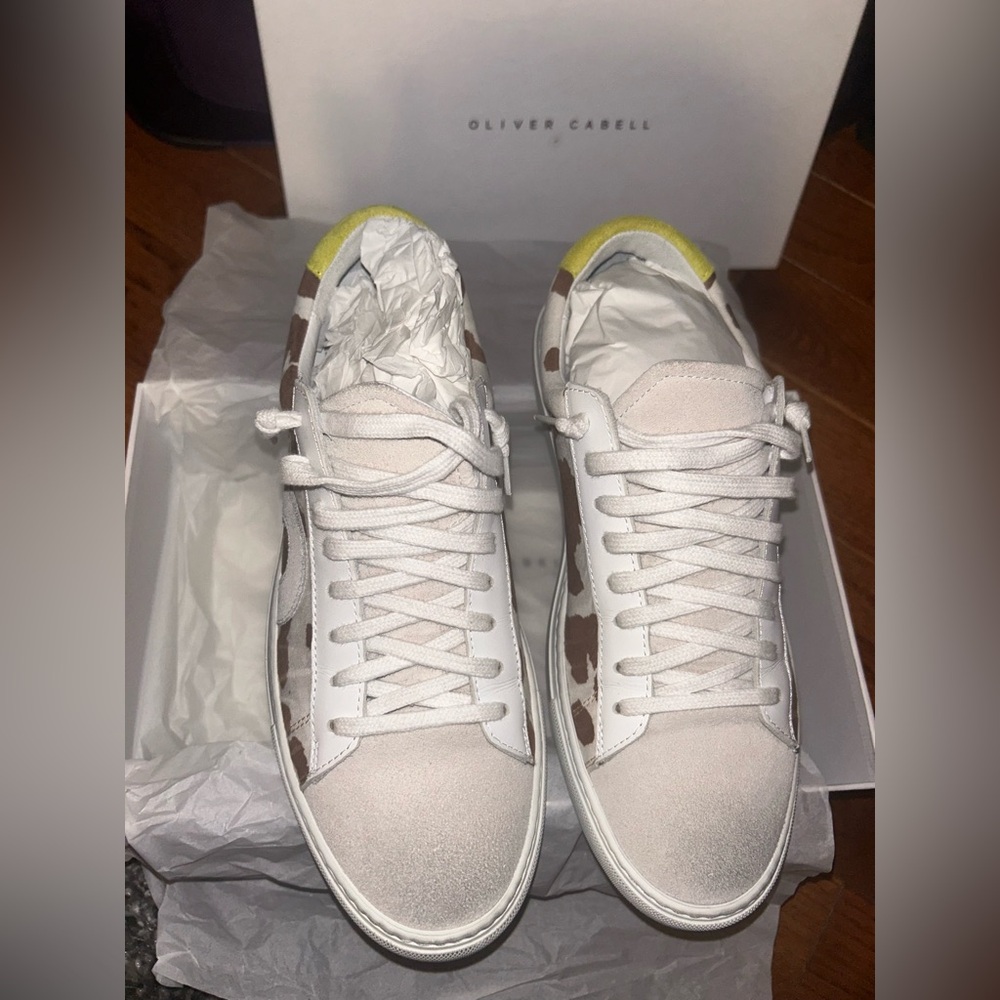 Oliver Cabell Levi Low1 White, brown, yellow Cow Print. Used gently.